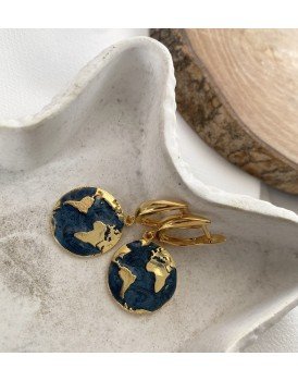 14k özel altın model çelik kopça lacivert dünya charm küpe