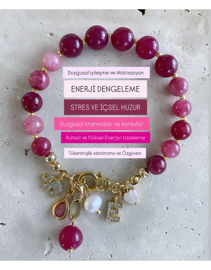 8 ve 10 mm pembe turmalin taşı 5 charm motivasyon bilekliği