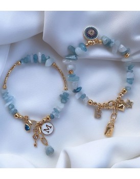 akuamarin taşı özel tasarım 2 harfli zirkon nazar charm doğaltaş kampanyalı set bileklik