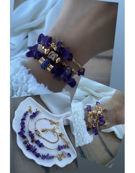 ametist taşı swarovski charm 3'lü set doğaltaş bileklik