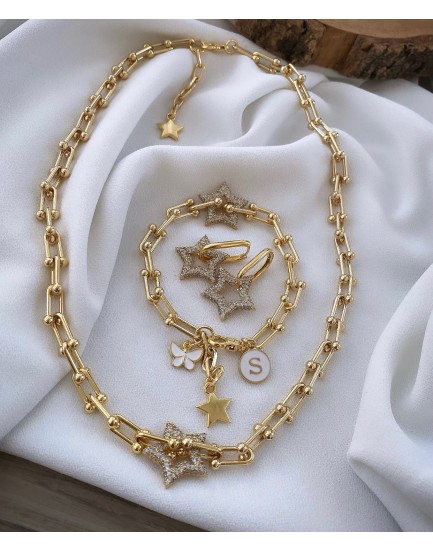 tiffany zincir zirkon yıldız kolye bileklik ve küpe seti