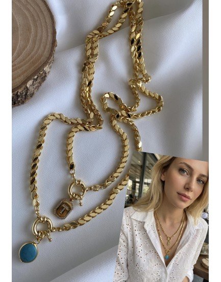 14k altın kaplama çelik halep zincir gemici kilit özel tasarım 60 cm firuze taşı kolye ve 45 cm harf kolye seti