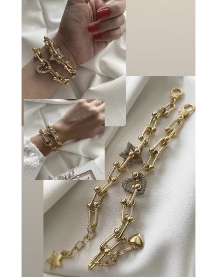 vip 14k tiffany zincir zirkon kalp ve yıldız charm çapa kilit özel seri bileklik
