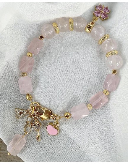 12mm pembe kuvars taşı swarovski pembe şans yoncası özel tasarım doğaltaş bileklik
