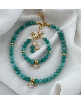 YESİL AKİK TASI SWAROVSKİ KANATLI KALP CHARM KOLYE BİLEKLİK KÜPE SETİ