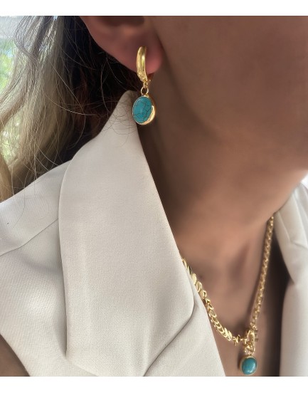 14k çelik arpa zincir firuze taşı kolye bileklik küpe seti