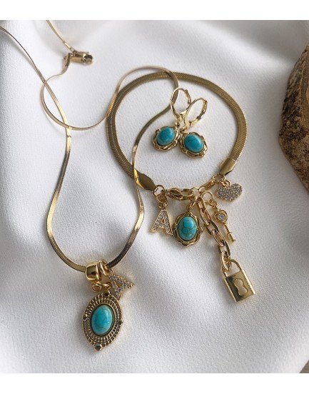 14k çelik italyan zincir antik firuze taşı harfli kolye bileklik küpe seti