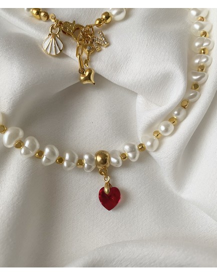 swarovski kalp charm akrilik barok inci özel tasarım kolye ve bileklik seti