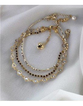 swarovski kalp taşlı zincir küp dizi boncuk ve petek zincir 3'lü set indirimli halhal