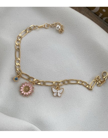 frigo zincir pembe papatya kelebek ve nazar charm halhal