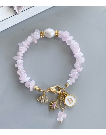 pembe kuvars taşı 12mm orjinal tatlı su incisi 4 charm özel tasarım doğaltaş bileklik