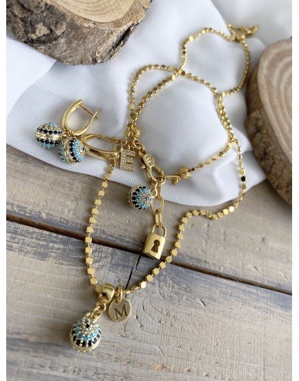 zirkon top nazar altın kaplama kuyumcu işçiliği kolye bileklik küpe seti