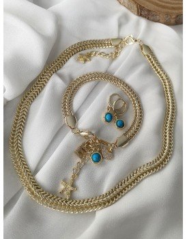 14k altın kaplama çelik ithal tilki kuyruğu zincir firuze taşı charm kolye bileklik küpe seti