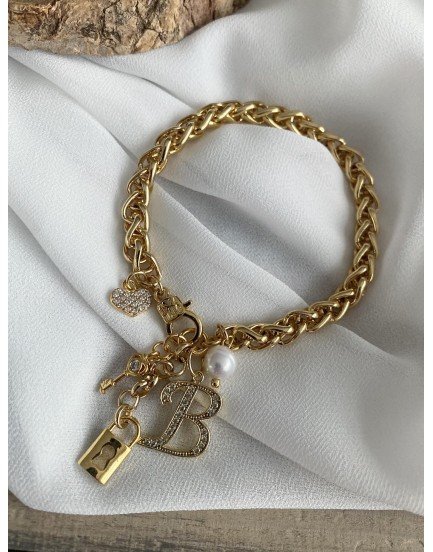 kral zincir çapa kilit zirkon harf 5 charm kuyumcu model tasarım bileklik