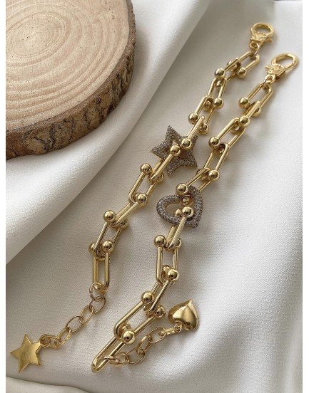 vip 14k tiffany zincir zirkon kalp ve yıldız charm çapa kilit özel seri bileklik