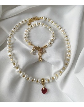 swarovski kalp charm akrilik barok inci özel tasarım kolye ve bileklik seti