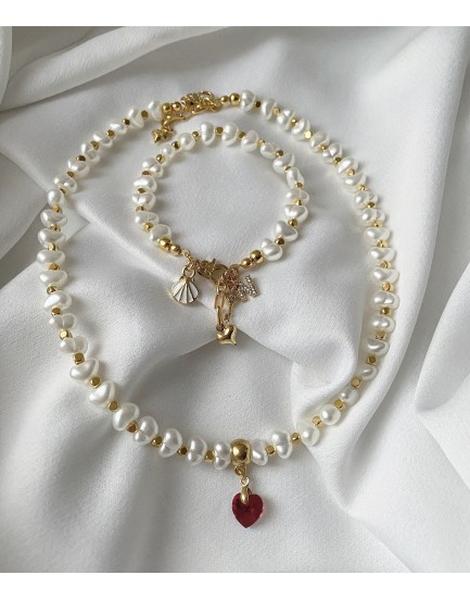 swarovski kalp charm akrilik barok inci özel tasarım kolye ve bileklik seti