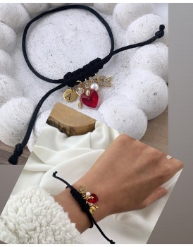 siyah makrome örgü swarovski kırmızı kalp aşk bilekliği