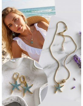 juping 14k yılan zincir 4d zirkon küp harf özel tasarım turkuaz deniz yıldızı kolye küpe seti