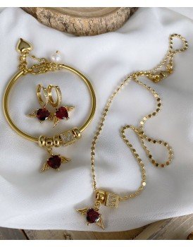swarovski ateş kırmızı melek kanatlı kalp özel tasarım 14k altın kaplama küp harfli kolye kelepçe küpe seti