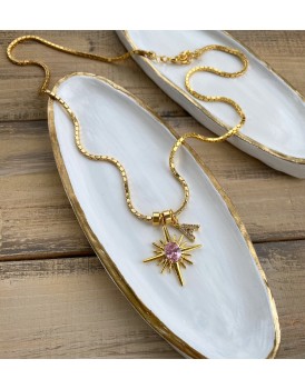 24 K altın kaplama ithal yılan zincir pembe swarovski kuzey yıldızı kolye