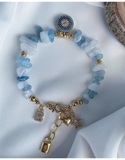 akuamarin taşı özel tasarım 2 harfli zirkon nazar charm doğaltaş kampanyalı set bileklik
