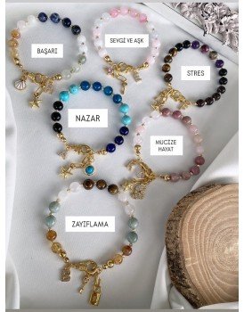 stres,aşk ve sevgi,nazar,başarı,mucize hayat,zayıflama niyet temalı ve bunlara iyi gelen özel enerjili doğaltaşlardan seçilmiş özel tasarım motivasyon bileklikleri