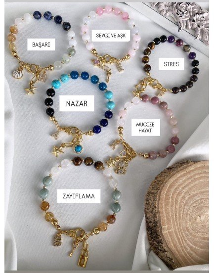 stres,aşk ve sevgi,nazar,başarı,mucize hayat,zayıflama niyet temalı ve bunlara iyi gelen özel enerjili doğaltaşlardan seçilmiş özel tasarım motivasyon bileklikleri