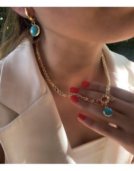 14k çelik arpa zincir firuze taşı kolye bileklik küpe seti