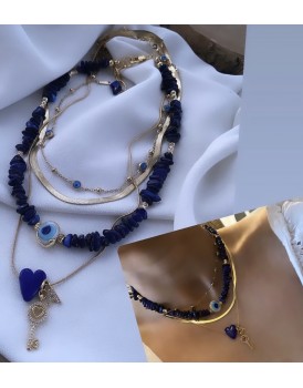 doğaltaş nazar ve çelik italyan zincir murano cam kalp set