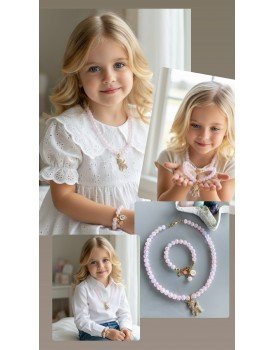 pembe norveç kristali zirkon pembe unicorn charm harfli kız çocuk kolye bileklik seti