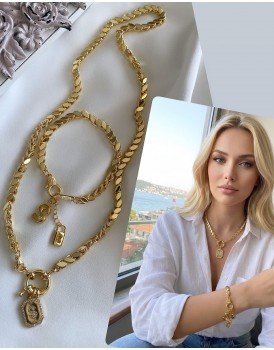 14k halep arpa zincir gemici kilit zirkon detaylı özel harf tasarım kolye ve bileklik seti