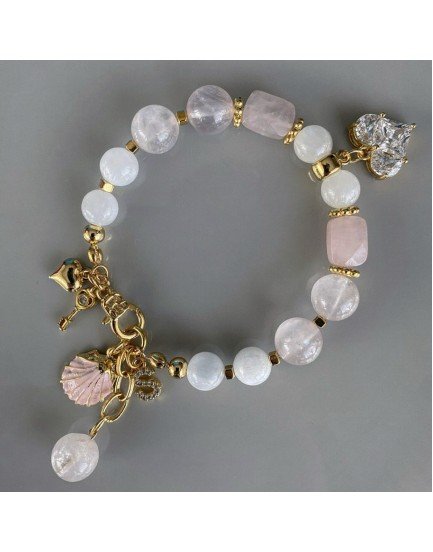 pembe kuvars ve selenit taş swarovski kalp charm özel tasarım doğaltaş bileklik