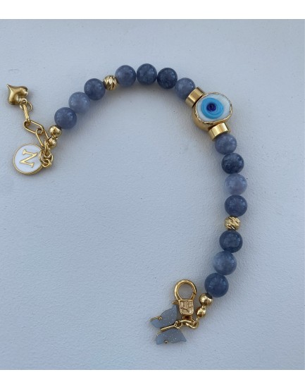 8mm koyu akuamarin taşı 3 charm tasarım bileklik