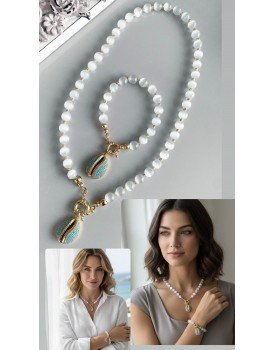 altın kaplama gemici kilit selenit taşı kauri zirkon deniz kabuğu charm özel tasarım doğaltaş kolye bileklik seti