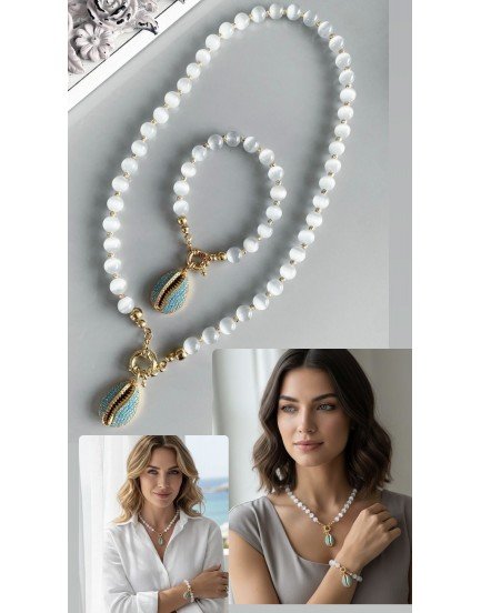 altın kaplama gemici kilit selenit taşı kauri zirkon deniz kabuğu charm özel tasarım doğaltaş kolye bileklik seti