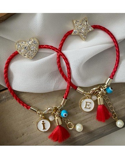 kırmızı örgü halat ip swarovski baget taş kalp ve yıldız form harfli şans bileklikleri