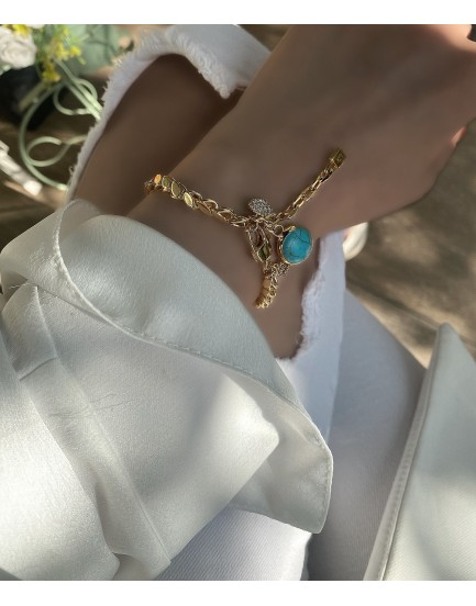 14k çelik arpa zincir firuze taşı kolye bileklik küpe seti
