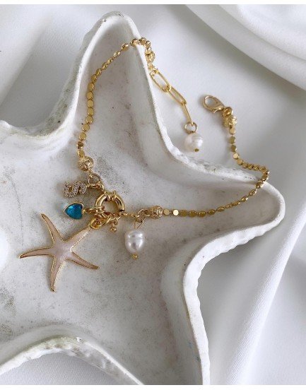 sedefli deniz yıldızı charm özel tasarım gemici kilit petek zincir orjinal tatlı su incisi sarkaç harfli halhal