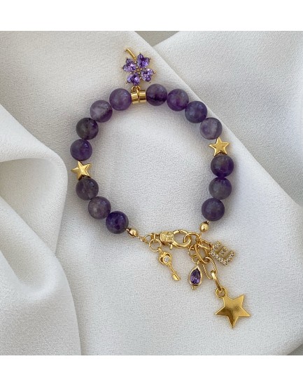 ametist taşı swarovski yonca charm özel tasarım doğaltaş bileklik