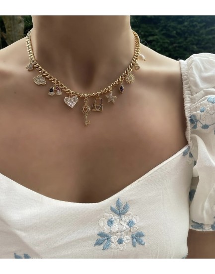 altın kaplama ithal ezme özel zincir 12 swarovski charm harfli özel tasarım kolye