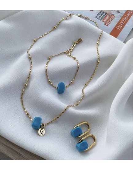 ezme arpa topcuk zincir nostalji mavi boncuk kolye bileklik ve küpe seti