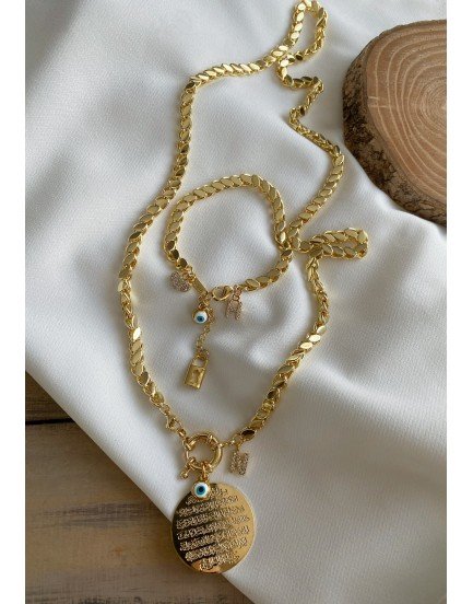 14k altın kaplama halep zincir gemici kilit ayetel kursi harfli dua kolye ve bileklik seti 14k altın kaplama halep zincir gemici kilit ayetel kursi harfli dua kolye ve bileklik seti