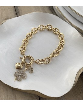 KALIN VİNTAGE ZİNCİR DÜMEN KİLİT 3 CHARM YONCA BİLEKLİK
