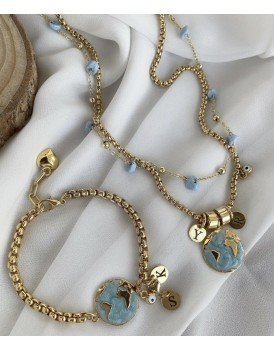 benim dünyam temalı turkuaz tasarım harfli 2 kolye 1 bileklik set