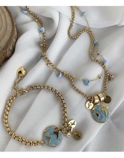 benim dünyam temalı turkuaz tasarım harfli 2 kolye 1 bileklik set