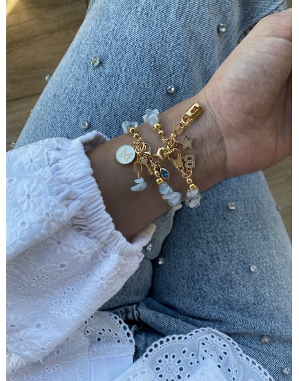 akuamarin taşı özel tasarım 2 harfli zirkon nazar charm doğaltaş kampanyalı set bileklik