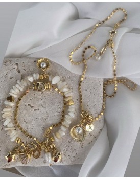 sedef taşı gold istiridye inci charm özel tasarım kolye ve 2 adet bileklik 3lü kombin set 