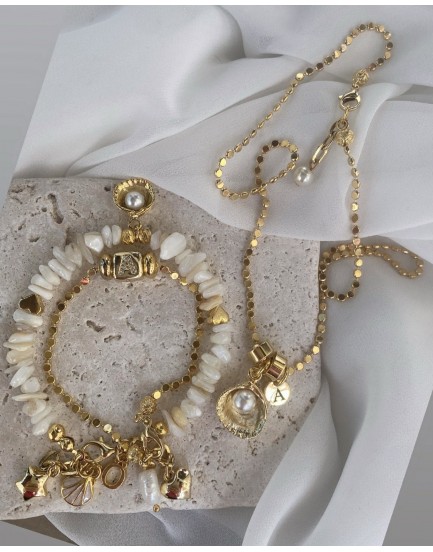sedef taşı gold istiridye inci charm özel tasarım kolye ve 2 adet bileklik 3lü kombin set