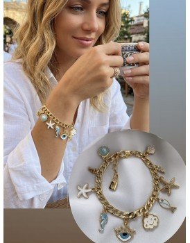 14k altın kaplama ithal gurmet zincir deniz ve gökyüzü temalı 11 charm özel tasarım harfli pandora bileklik